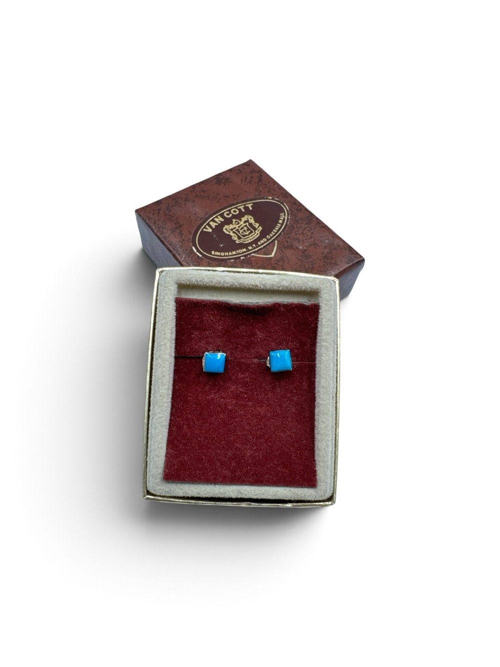 Vintage Van Cott Sterling Silver Sleeping Beauty Turquoise Stud Earrings Boxed